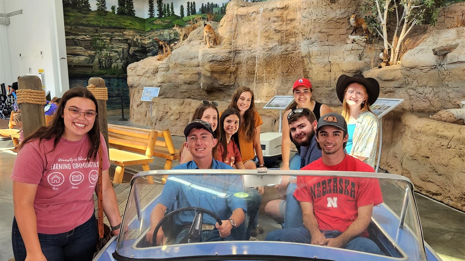 Ag. Futures' students posing in a boat at the Nebraska State Fair