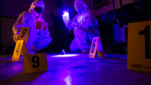 Forensic science students investigating mock crime scene