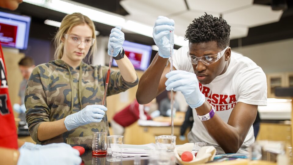 Chemistry students pipetting in a lab 